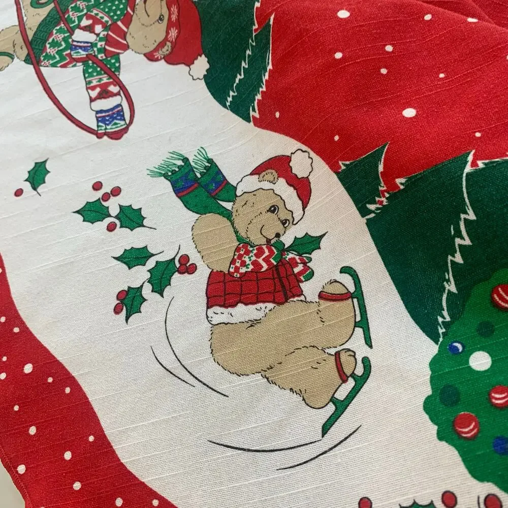 Vintage Christmas Tablecloth Round Red Holiday Teddy Bear Snow Scene 60” Decor